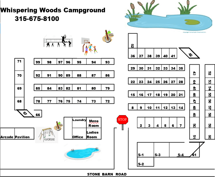 Site map illustration of Whispering Woods Campground.